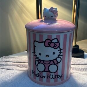 Sanrio Hello Kitty Pink & White Striped Ceramic Canister Cookie Snack Jar 8"